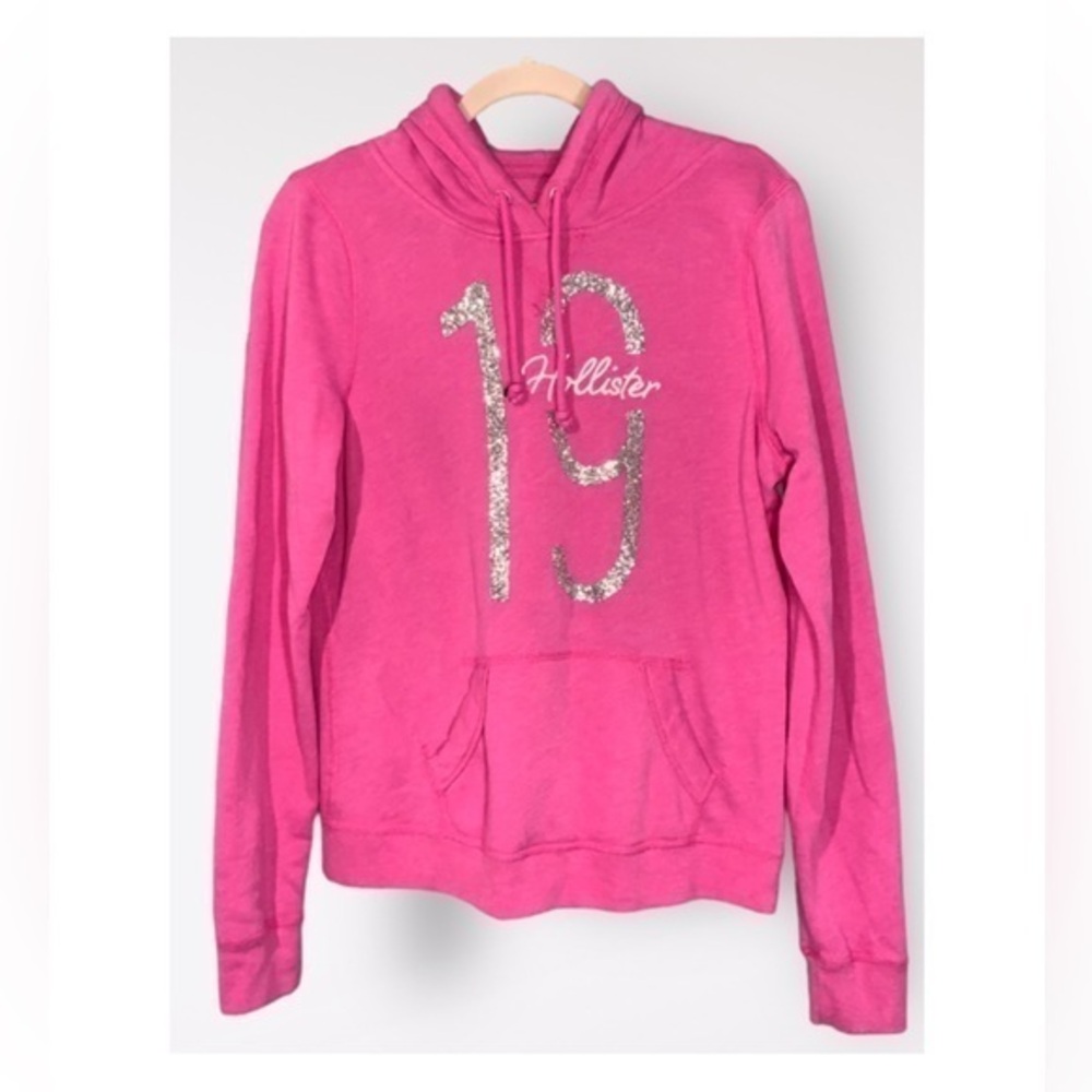 Hollister Pink With Silver Glitter “19” On Front Hoodie Kangaroo Picket Large